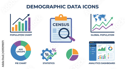Infographic icons illustrate demographic data statistics with charts