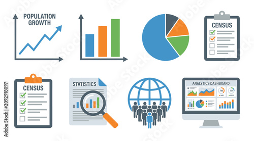 The infographic shows population growth charts and census data on a computer screen with various statistics graphs.