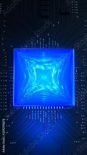 Futuristic blue microchip glowing on a dark circuit board