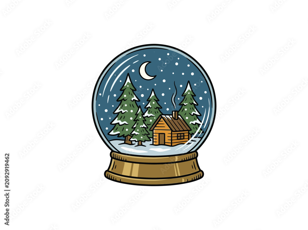 Obraz premium Illustration Of A Vivid Snow Globe Featuring A Rustic Wooden Cabin Surrounded By A Dense Evergreen Forest, With Gentle Falling Snow And A Bright Crescent Moon Vector Illustration