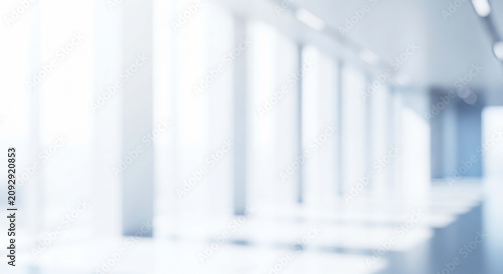 Fototapeta premium Abstract blurred office hallway with bright natural light coming from glass windows