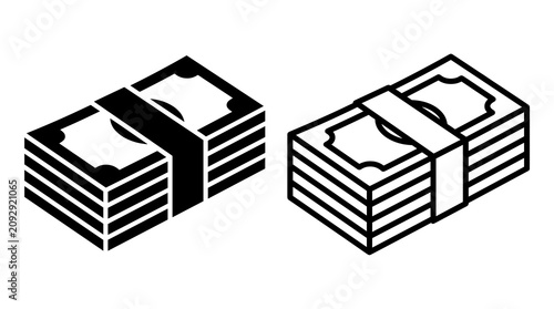 Two stacks of cash in isometric style, black silhouette and outline icon, representing finance