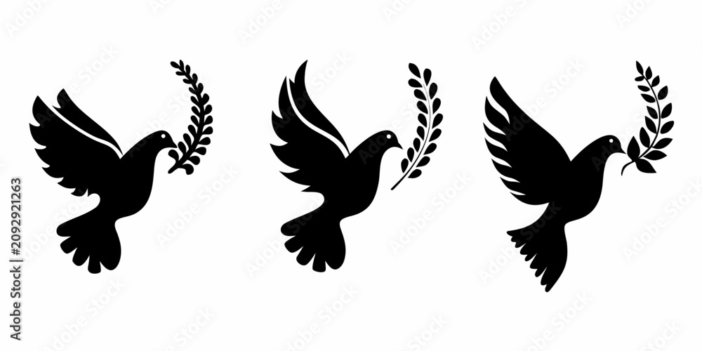 Fototapeta premium Three Black Dove Silhouettes With Olive Branches Graphic Design