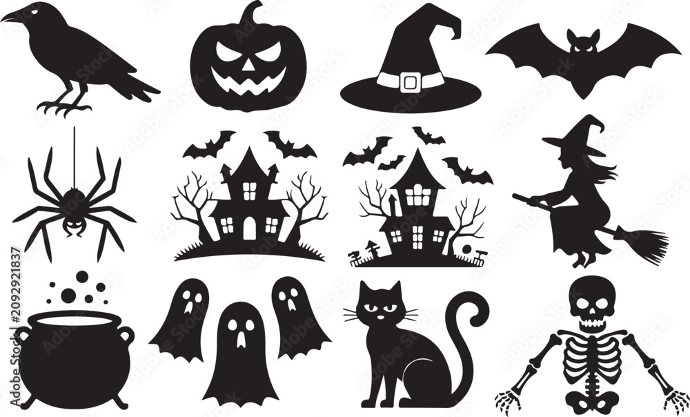 Fototapeta premium set of halloween element silhouette collection. Black and white vector editable file. pumpkin, ghost, cat, cauldron, horror house, female witch ride, owl, raven bird, skeleton, spider, witch hat