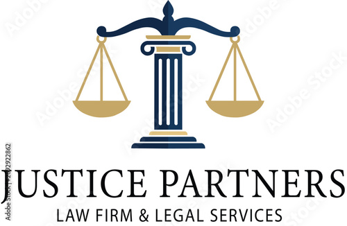 Justice Partners Law Firm Logo with Scales of Justice and Classical Pillar Column Design for Legal Services and Attorney Business Branding

