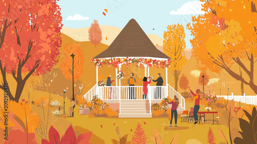 Autumn park gathering with gazebo and colorful foliage