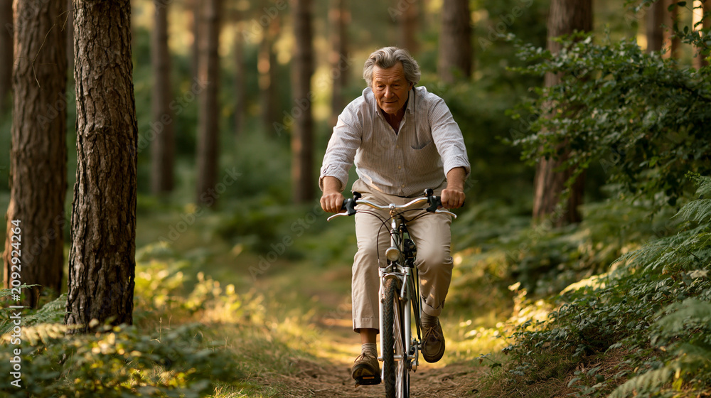 Naklejka premium Older man cycling through pine forest in fresh morning light highlighting active longevity nature therapy and cardiovascular wellness