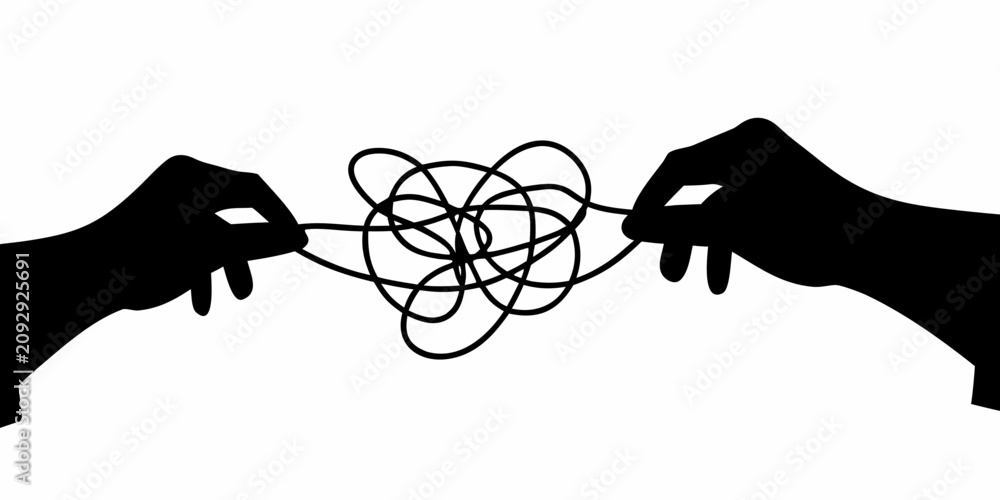 Fotografie Two Black Hand Silhouettes Holding A Tangled String White Background