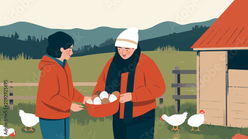 People collecting fresh eggs from chicken coop farm