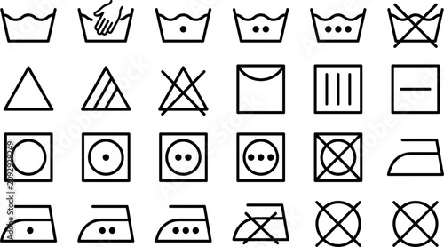 Laundry Care Symbols and Fabric Washing Instruction Icon Collection for Clothing Labels