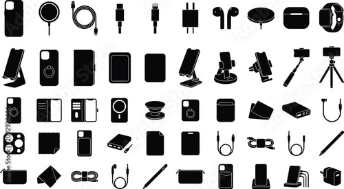 Set of black and white icons representing various smartphone accessories for technological devices