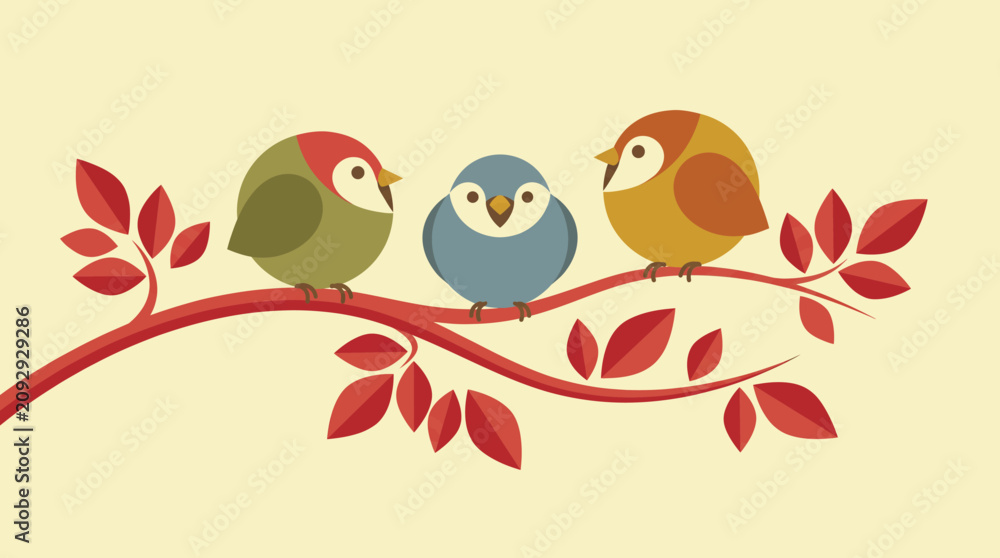 Fototapeta premium Cute Stylized Three Small Colorful Birds Perched Together on a Decorative Red Branch Illustration