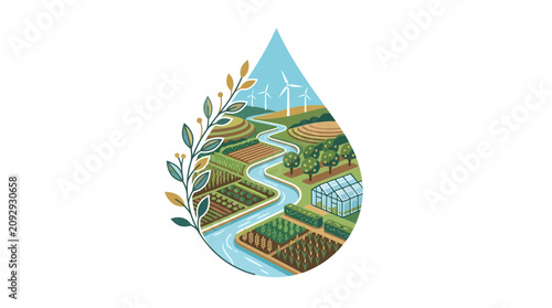 Bild auf Leinwand Sustainable Agriculture Landscape Inside Water Drop, Renewable Energy, Farming