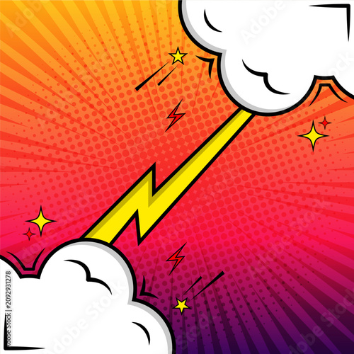 Comic Burst with Lightning Bolt and Clouds in Retro Pop Art Style