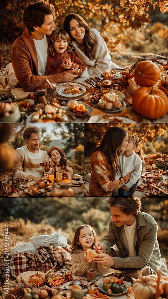 Obraz premium Happy Family Enjoying Thanksgiving Dinner Outdoors in Autumn.