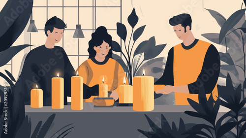 People gather around candles warm light illustration