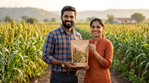 Indian Couple Holding Product Pouch In Agricultural Field