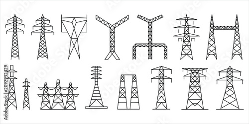 Cuadro en lienzo Collection of black outline electrical transmission tower representing various v