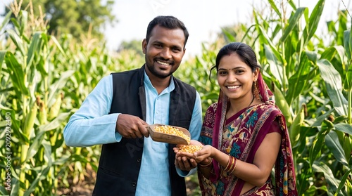 Indian Farming Couple Holding Corn In Field