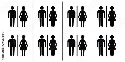 Konstfotografi Eight identical black restroom door sign arranged in a grid showing a male and f