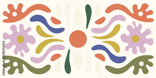 retro organic abstract pattern featuring fluid shapes on beige background colorful curves swirls modern artistic design graphic visual decorative ornamental