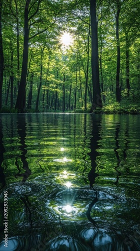 Sunlight Filtering Through Lush Green Forest Canopy With Reflective Still Water Pond Surface View