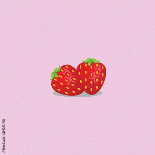 Bright flat vector illustration of two cute cartoon strawberries with green leaves and yellow seeds on a soft pastel pink background. Fresh red fruit with glossy highlight and soft shadow underneath. 