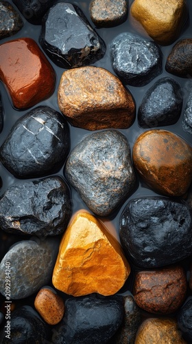 Wet Smooth River Stones In Dark Water Background With Natural Earth Tone Textures