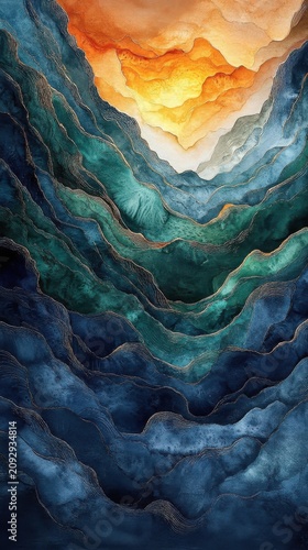 Abstract Alcohol Ink Painting With Gold Glitter And Dark Teal Blue And Amber Yellow Wavy Textures