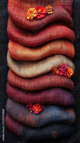 Abstract Wavy Stack Of Sparkling Fabric Layers With Vibrant Flower Accents
