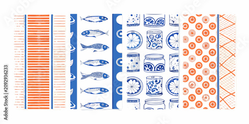 Fotografía sardine and seafood illustration set retro style fish canned food pattern stripe