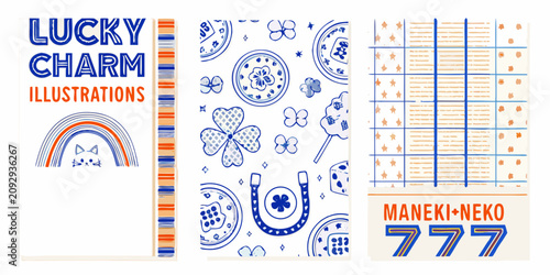 Fotografie lucky charm illustrations with playful blue and orange designs on white backgrou