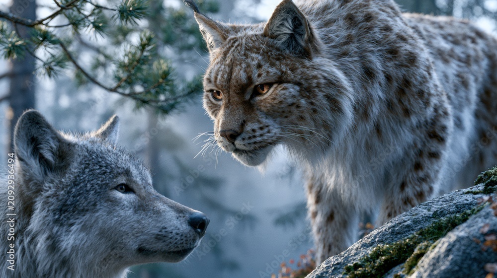 Fototapeta premium Wild animals interact in a forest setting during early morning light