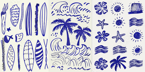 Photography hand drawn blue summer beach doodles on white background surfboards waves palm t