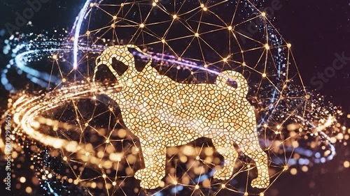 Golden geodesic dog sculpture glows against a starry backdrop