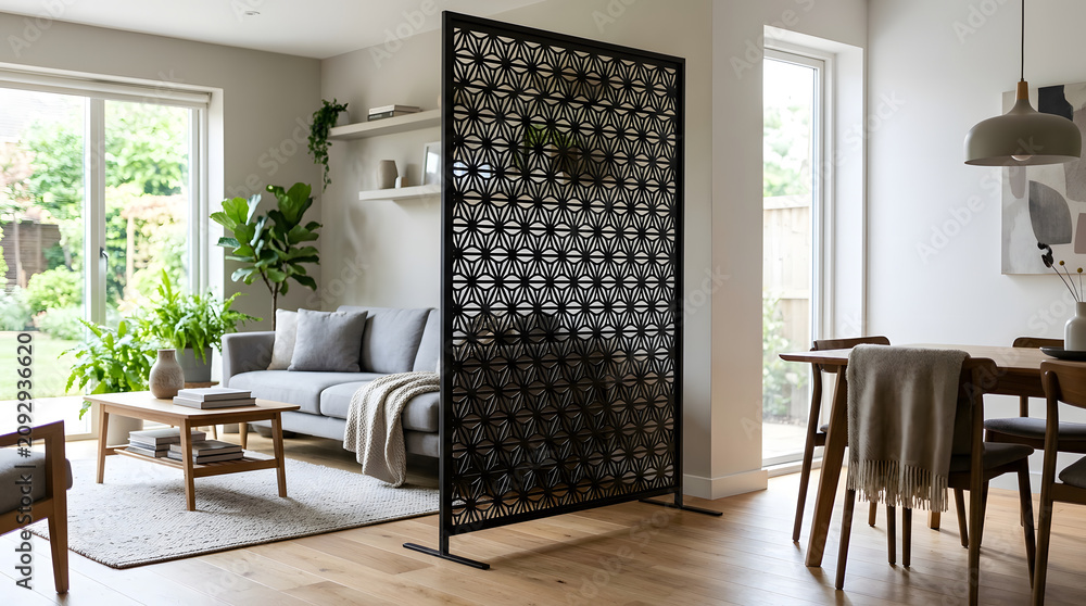 Fototapeta premium Black decorative room divider with repeating triangle pattern in a modern bright living room interior