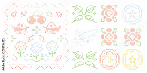 Tableau sur toile cross stitch floral pattern in pastel colors pixel art embroidery flowers design