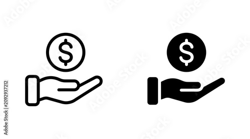 Set of black and white hand holding dollar coin icons representing financial savings, banking