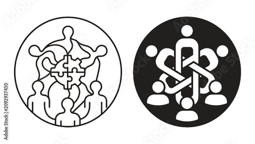 Collaborative group teamwork concept icon set with connected people puzzle