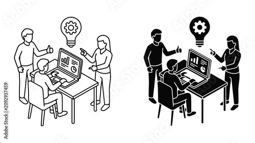 Team discussing business innovation idea on laptop line icon with business