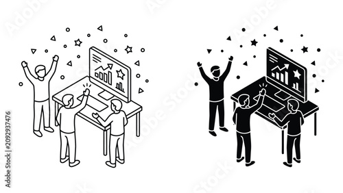 Team celebrating business success with data growth charts on computer screen