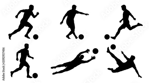 Set of six soccer player silhouettes in action running passing and shooting the ball, sport
