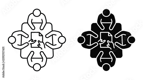 Group meeting and document review icon set with collaboration, document