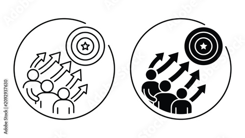 Team goal achievement and target success icon set with achievement, ambition