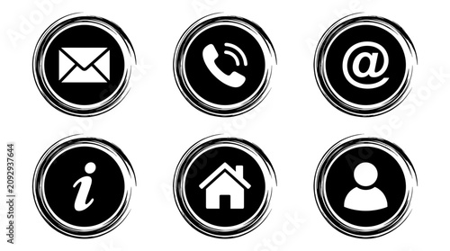 Set of six distressed circular contact icons including email telephone and location symbols for web