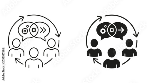 Creative team communication and idea sharing cycle icon set with communication