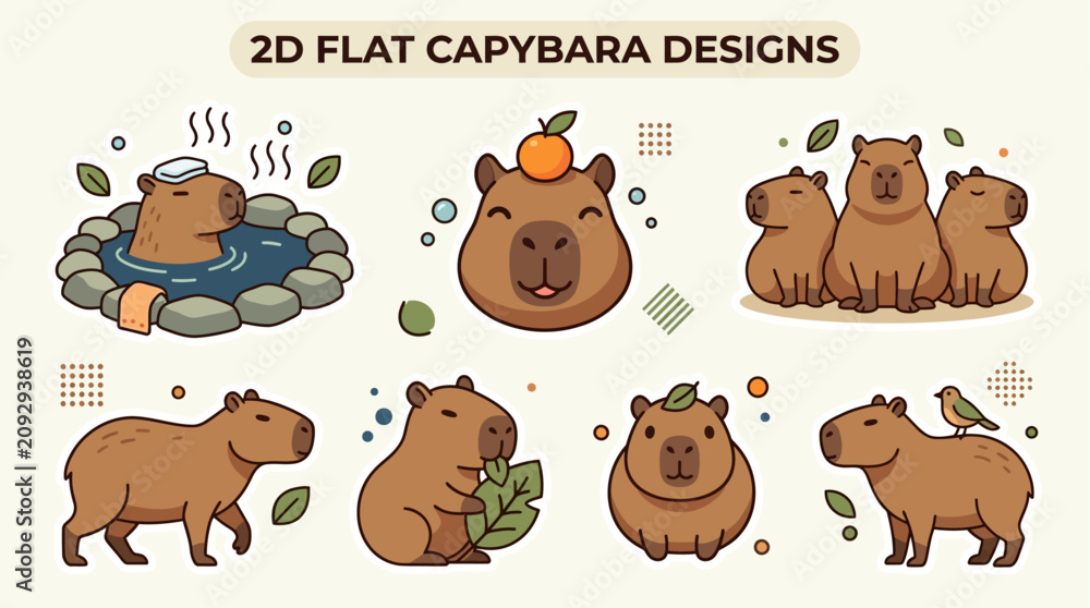Fototapeta premium Cute 2D Flat Capybara Designs Sticker Collection with Onsen Bath, Orange Head, Trio Friends, Eating Leaf, Bird, and Walking Poses in Cartoon Vector Style for Journals, Planners, App Icons, and Merch