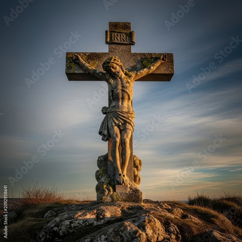 Stone crucifix statue against dramatic sunset sky.