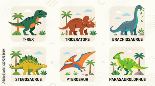 Photos Cute 2D Flat Dinosaur Flashcards Set with T-Rex, Triceratops, Brachiosaurus, Ste