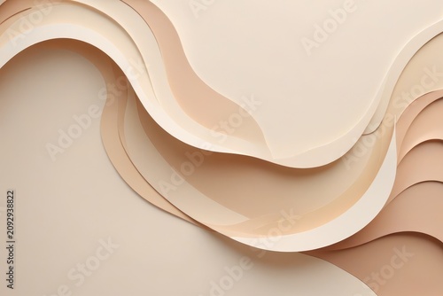 Abstract layered composition in beige and cream tones with smooth curved shapes arranged in flowing waves, enhanced by light and shadow to create depth and elegance.